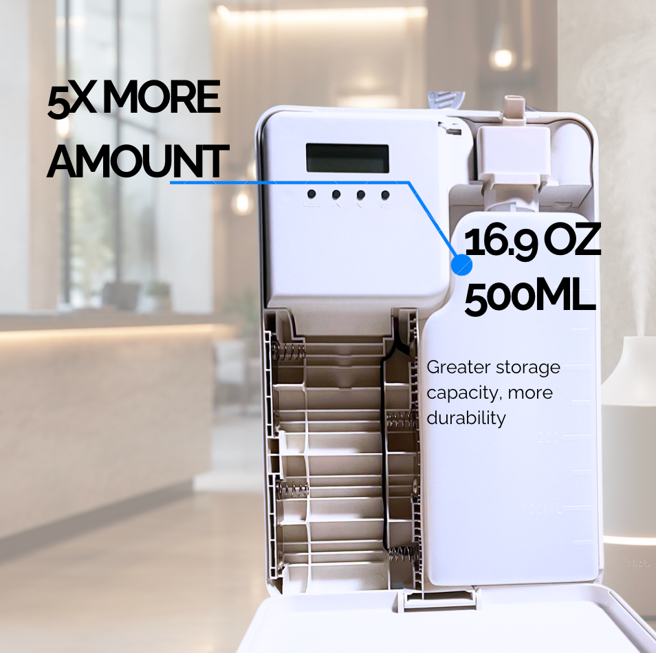 White water dispenser with text indicating 5x more amount and storage capacity