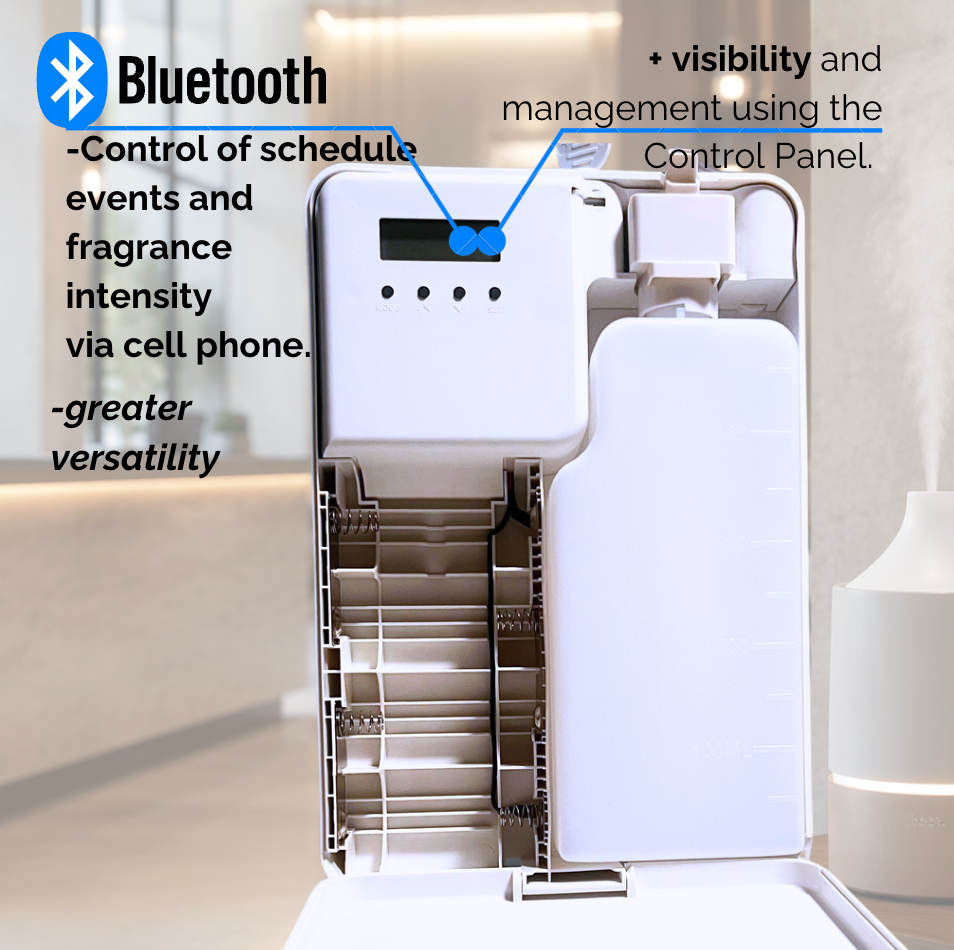 Smart fragrance diffuser with Bluetooth control features, shown in a modern interior setting.